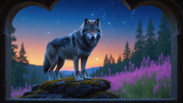 Majestic wolf standing on a rocky outcrop amidst vibrant wildflowers at sunset in a serene landscape photo