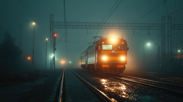 Train moving on railway tracks in fog at night photo