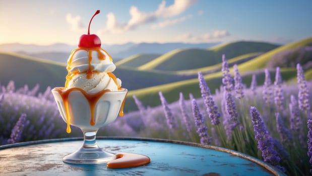 An ice cream sundae with cherries and caramel on top photo