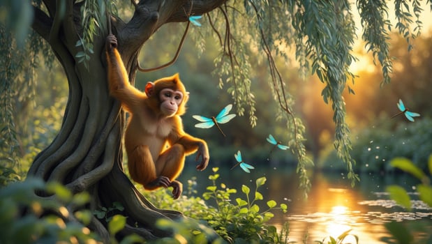 Playful monkey sitting on a tree branch by a serene lake surrounded by vibrant dragonflies at sunset photo