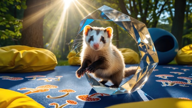 Playful ferret surrounded by vibrant cushions and geometric decor in a sunlit outdoor setting photo
