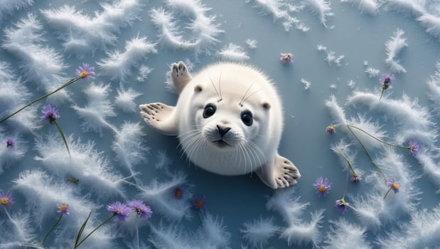 Adorable baby seal resting on soft snow with delicate flowers in the background, evoking tranquility photo