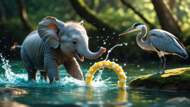 Playful baby elephant splashes water with a yellow ring while a heron watches in a lush forest photo