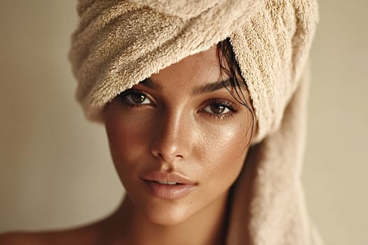 Beautiful woman relaxing with towel wrapped around hair after shower photo