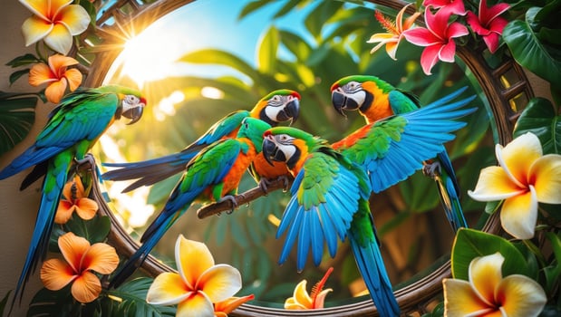 Vibrant macaws perched in a tropical setting, surrounded by flowers, with sunlight filtering through photo