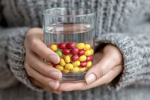 Woman holding glass of water and colorful candies photo