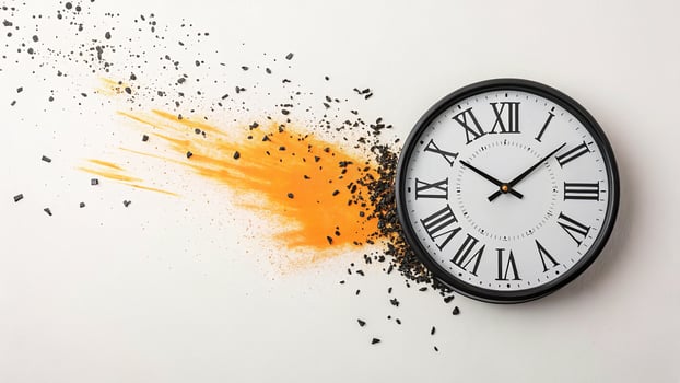 Abstract clock face exploding into orange dust and black particles photo