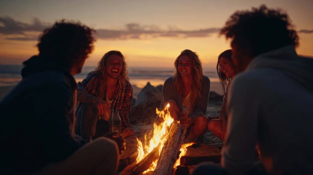 Group of Friends Laughter Around a Campfire at Sunset on the Beach Enjoying Relaxed Atmosphere and Quality Time Together photo