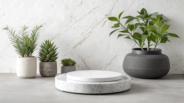 Modern home decor with potted plants and marble display stands photo