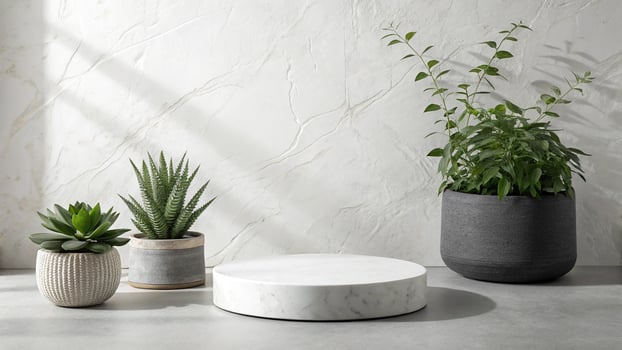 Minimalist scene with potted plants and marble display pedestal photo