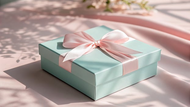 Elegant teal gift box with pink satin ribbon and soft light photo