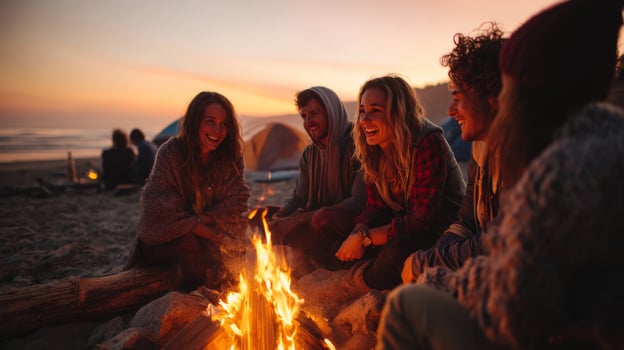 Friends Gather Around Campfire at Beach During Sunset, Enjoying Laughter and Warmth While Sharing Memorable Moments Together photo