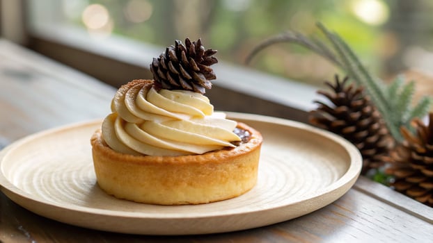 Delicious tart with swirled cream and pinecone decoration on wooden plate photo