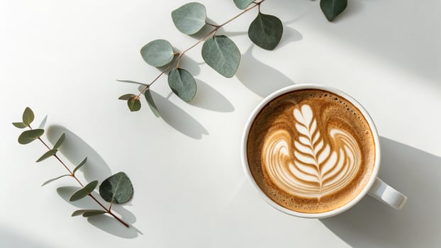 Aesthetic flat lay of latte art coffee cup with eucalyptus leaves and shadows photo