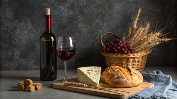 Red wine cheese bread grapes and wheat stalks still life photo