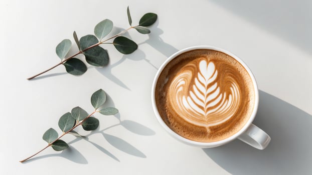 Beautiful latte art coffee cup with eucalyptus leaves and natural sunlight shadows photo