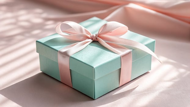 Elegant teal gift box tied with a delicate pink satin ribbon on a soft pink fabric photo