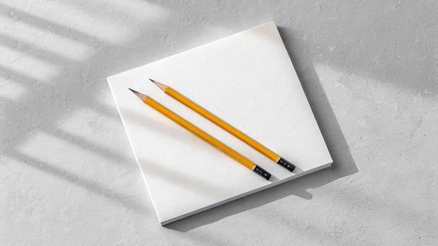 Two yellow pencils resting on a white notepad on a textured gray surface photo