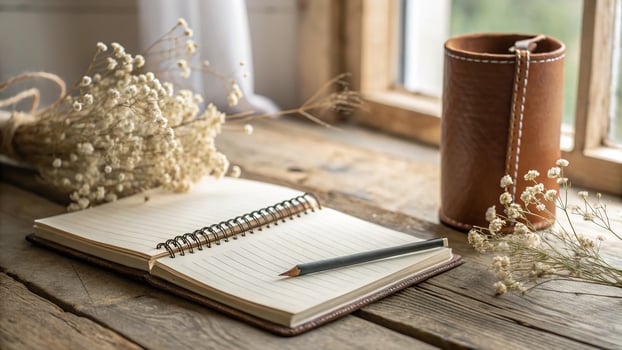 Open notebook with pencil and dried flowers on a rustic wooden table photo