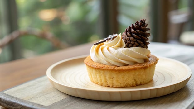 Delicious vanilla cupcake with creamy frosting and pine cone decoration photo