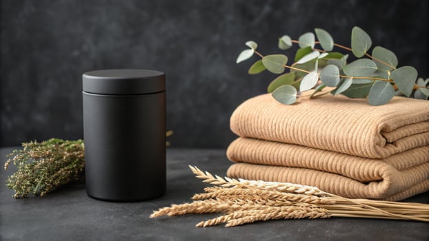 Cozy still life with black container folded sweaters eucalyptus and wheat stalks photo