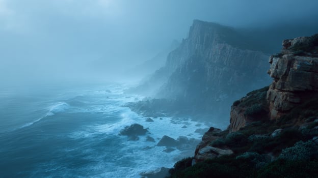 Dramatic Coastal Scene with Foggy Cliffs and Turbulent Waves at Dusk in a Serene and Mystical Atmosphere photo