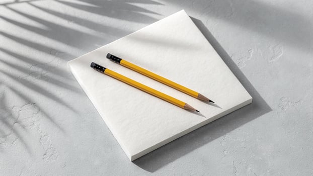 Two yellow pencils on a white square paper with palm leaf shadows photo