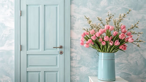 Soft pink tulips in a vintage blue milk can beside a pale blue door photo