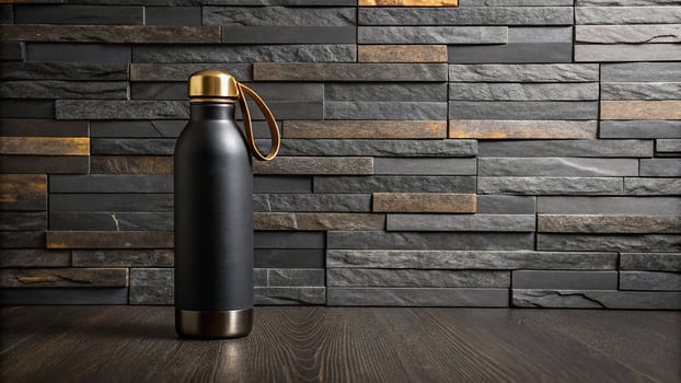 Stylish black reusable water bottle with gold accents against textured stone wall photo