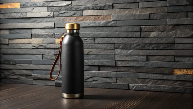 Sleek black reusable water bottle with gold cap on dark wood surface photo