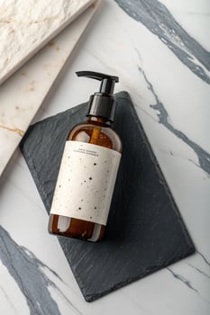 Amber glass pump bottle with speckled label on slate and marble background photo