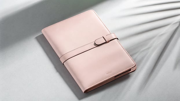 Elegant pink leather planner with strap and shadow overlay on a grey background photo