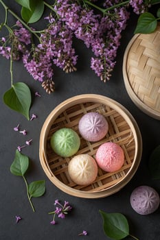 Colorful treats in bamboo basket photo