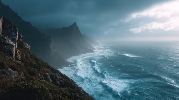Serene Coastal Landscape with Dramatic Mountains and Rolling Waves Under a Cloudy Sky during the Golden Hour of Sunset photo