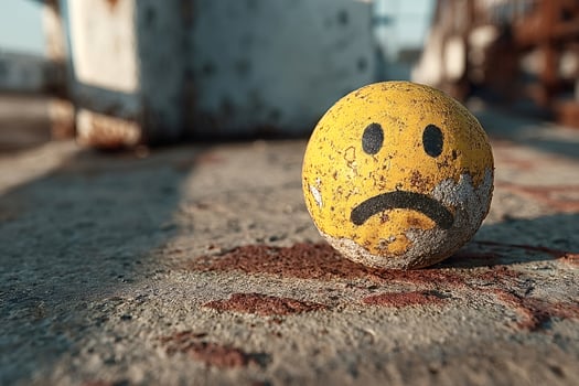 Weathered yellow sad face ball expressing depression in abandoned industrial setting photo