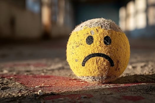 Sad smiley face on dirty tennis ball expressing depression photo