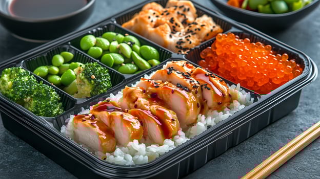 Delicious Grilled Chicken With Teriyaki Sauce Served With Rice and Vegetables in a Bento Box. photo