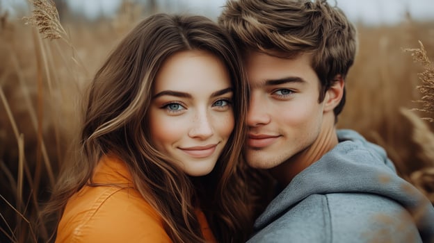 Couple Embraces in a Serene Field During Golden Hour Surrounded by Tall Grasses in Autumn photo