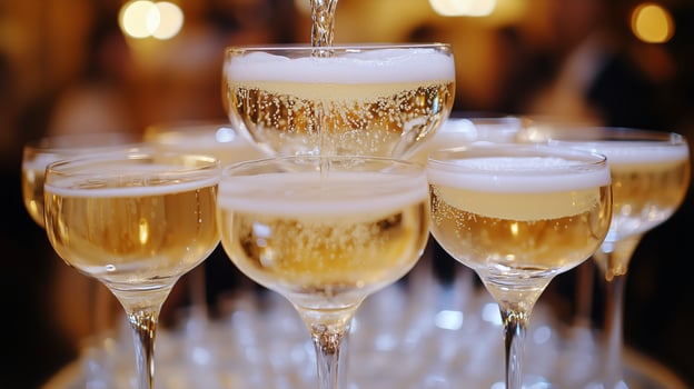 Elegant Champagne Tower at a Festive Gathering in a Well-Lit Venue photo