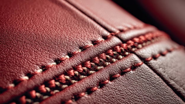 Close-up view of double-needle stitching on red leather surface showcasing precision craftsmanship photo
