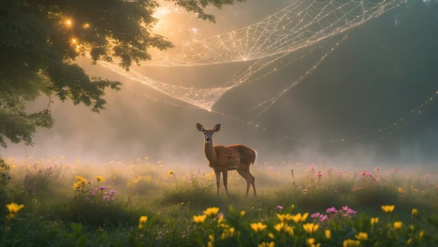 Serene deer standing amidst vibrant wildflowers in a misty meadow with spiderwebs glistening in sunlight photo