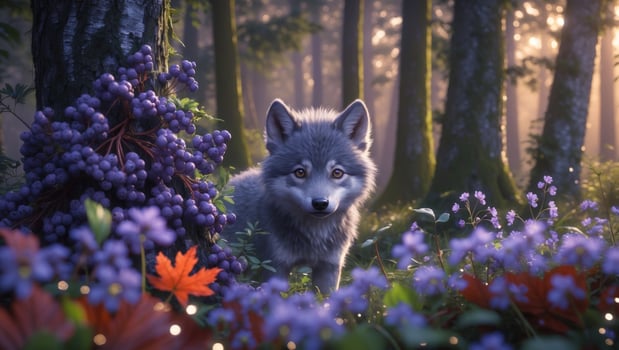 A young wolf curiously exploring a vibrant forest filled with colorful flowers and foliage photo