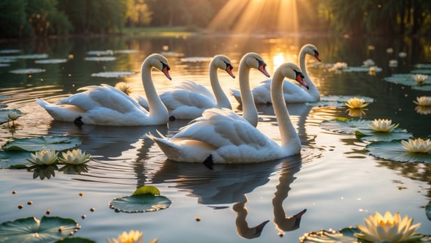 Elegant swans gracefully swimming in a serene pond surrounded by blooming lilies at sunset photo