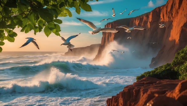 Seagulls soaring over turbulent ocean waves crashing against rugged cliffs during sunset photo