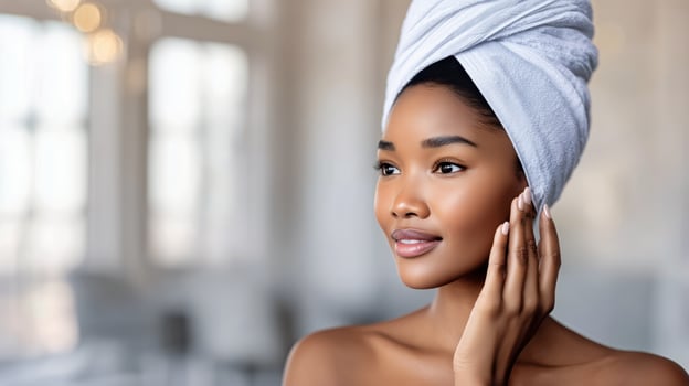 Woman With Towel on Head Enjoying Skincare Routine in a Bright, Modern Bathroom photo