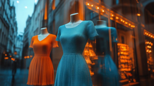 Fashionable Window Display Featuring Colorful Dresses and Lanterns on a Bustling City Street. photo