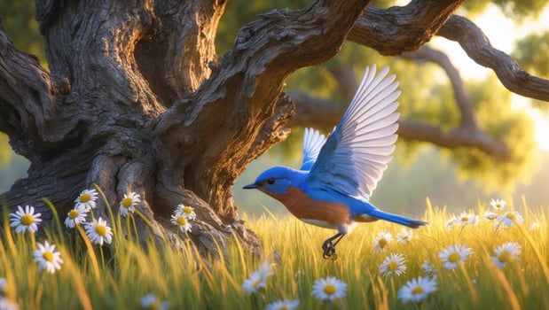 A vibrant bluebird gracefully flying above a field of daisies near an ancient tree at sunset photo
