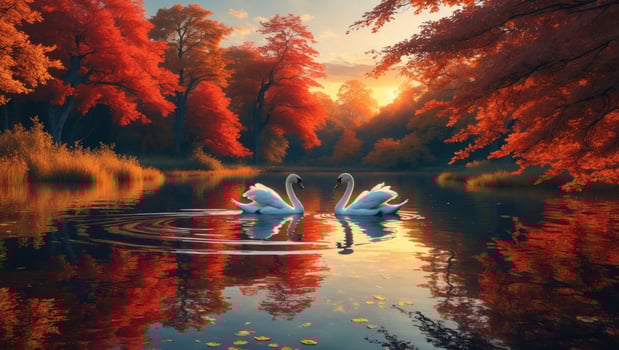 Serene swans glide gracefully on a tranquil lake surrounded by vibrant autumn foliage at sunset photo