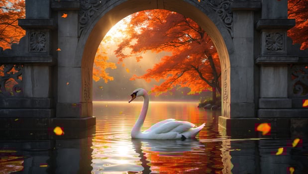 Elegant swan gliding through serene lake under vibrant autumn trees with falling leaves photo