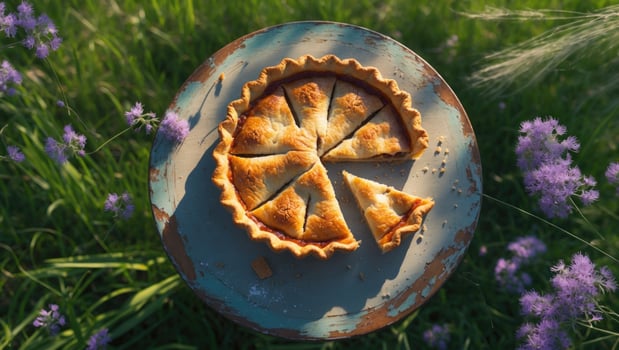 Freshly baked pie on a rustic table surrounded by blooming flowers in a serene outdoor setting photo